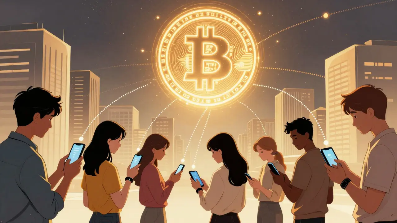 People using mobile wallets as tiny Merkle proofs connect to a massive blockchain in the sky above a city.