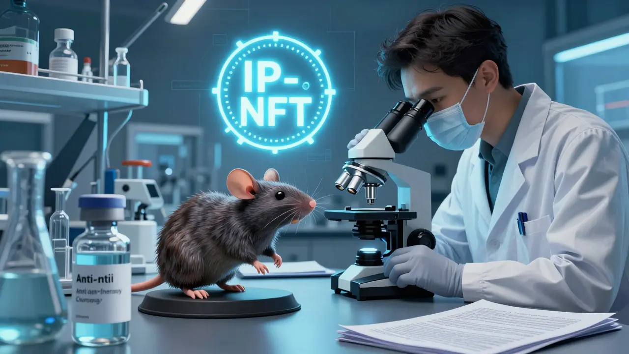 Scientists studying anti-aging therapy with IP-NFT symbol and mouse model