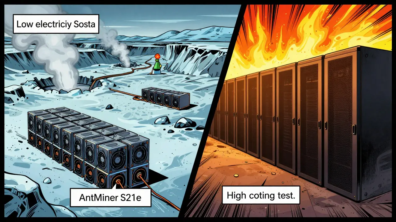 Split comic panel of Iceland vs US mining operations.