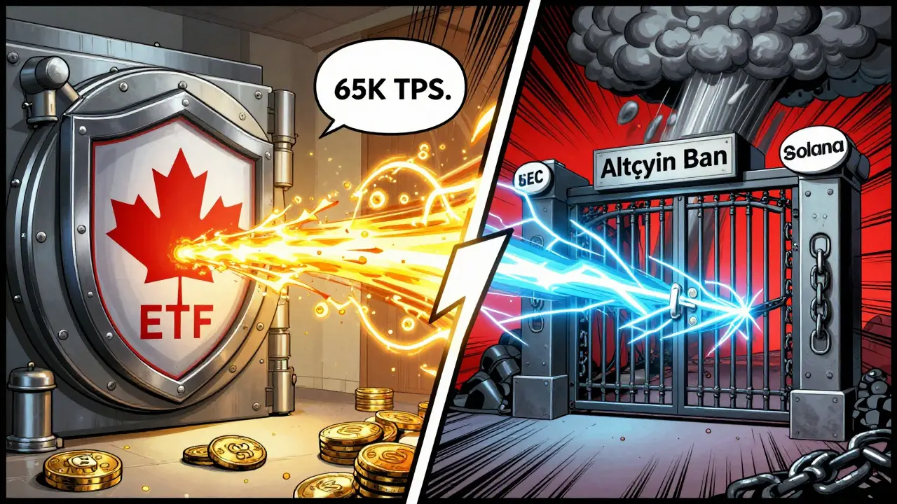 Split-panel battle between Canadian crypto ETF innovation and U.S. regulatory block, with Solana’s speed breaking through barriers.