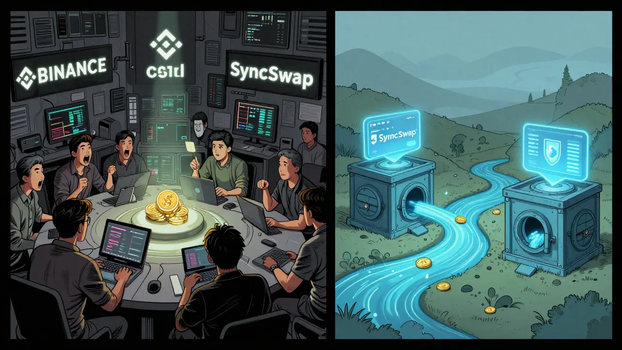 Split scene: chaotic centralized exchange vs. calm SyncSwap on Linea with secure stablecoin flows.