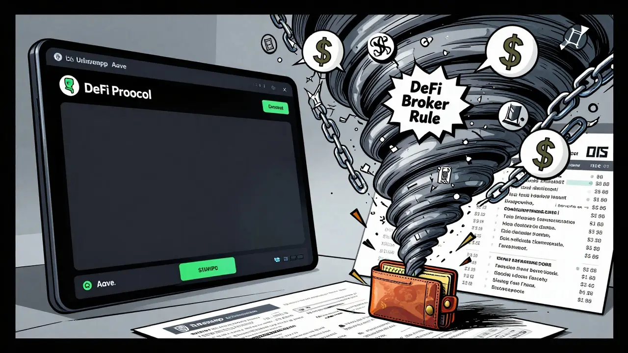 Split scene showing DeFi interfaces on one side and exploding taxable events on the other, with a shattered regulation chain in the middle.