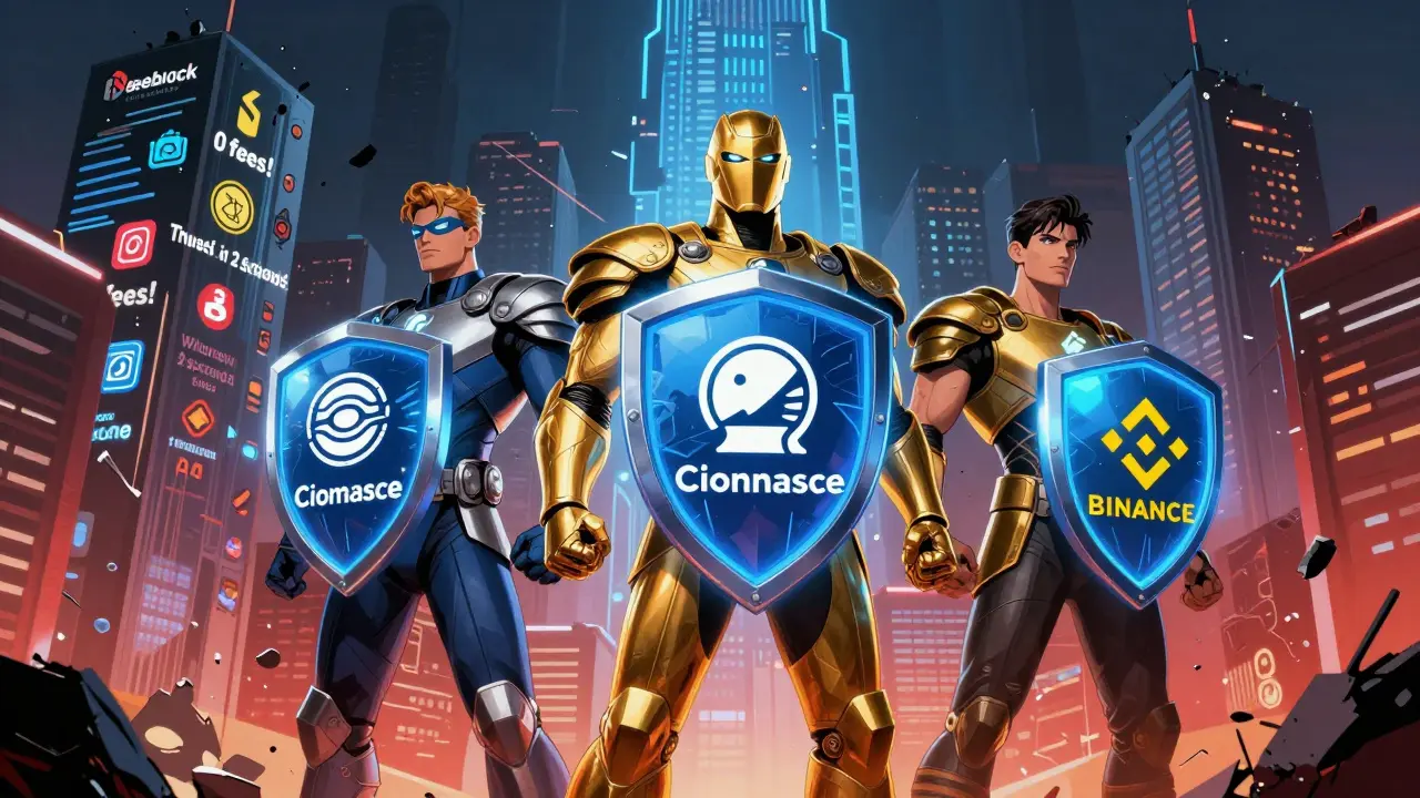 Three legitimate crypto exchanges as heroic figures standing tall against a collapsing fake exchange tower, glowing with security badges and proof-of-reserves.