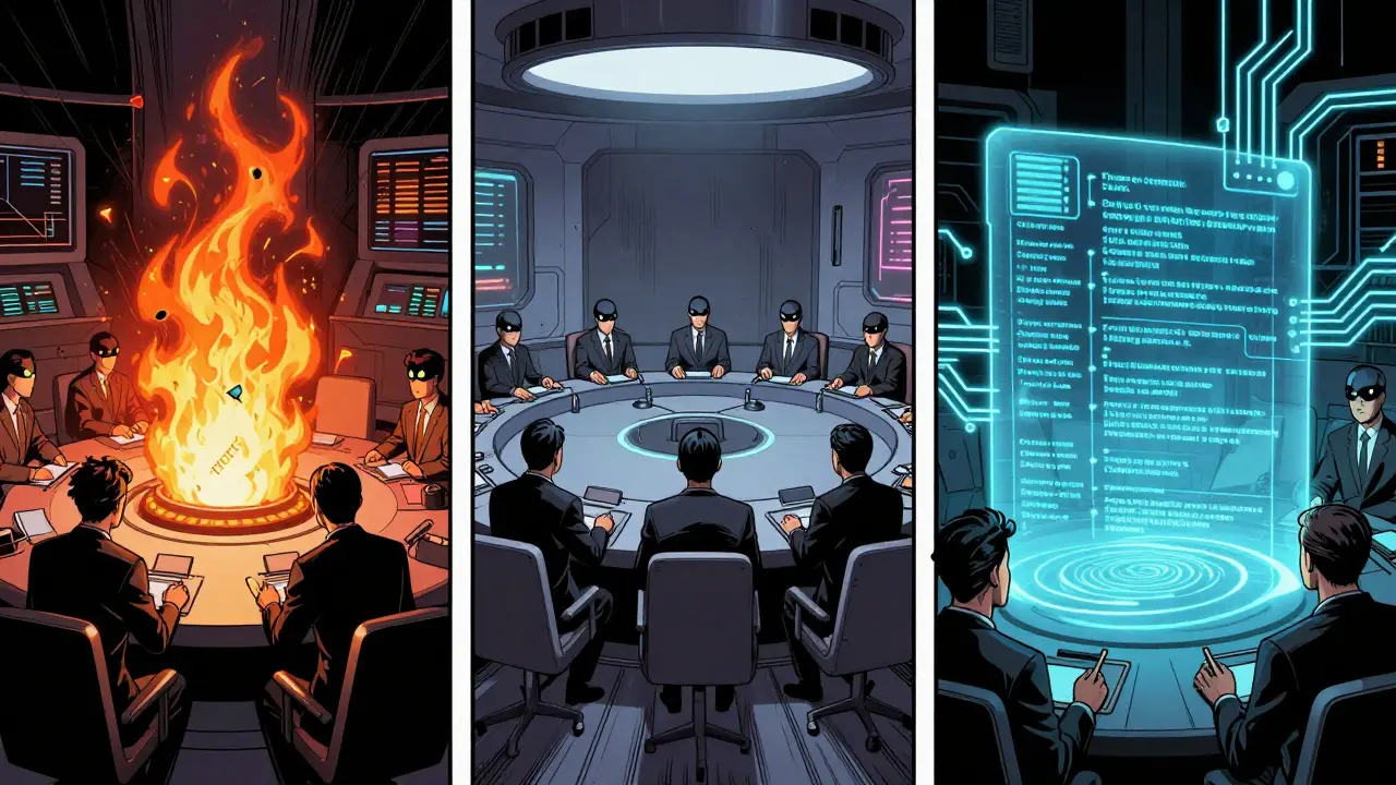 Three-panel scene showing a buggy smart contract, a voting council overriding a transaction, and a zero-knowledge proof hologram.