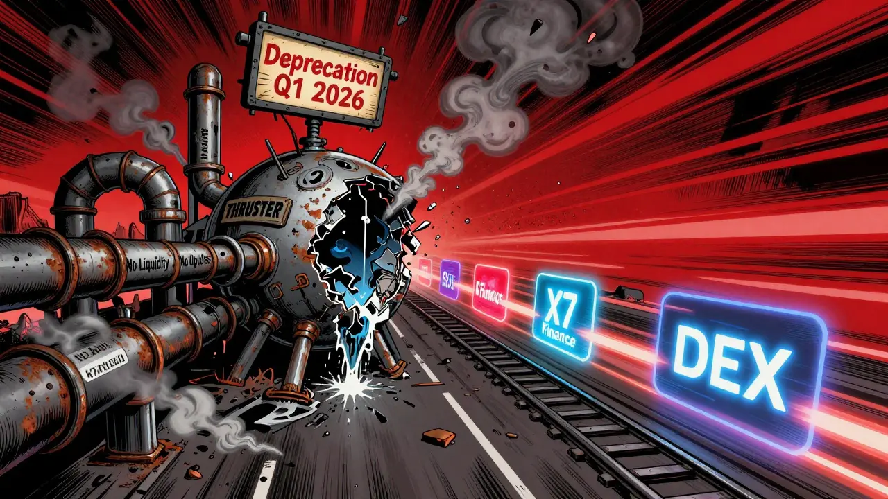 Thruster v2 as a decaying ghost station on the blockchain highway, with vibrant newer DEXs speeding past.