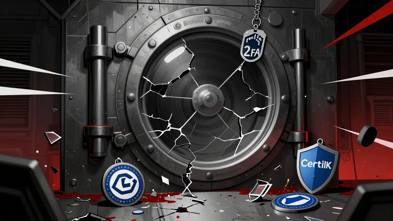 A broken vault labeled 'BitMake Reserves' with missing security seals on the floor, symbolizing lack of audits and transparency.