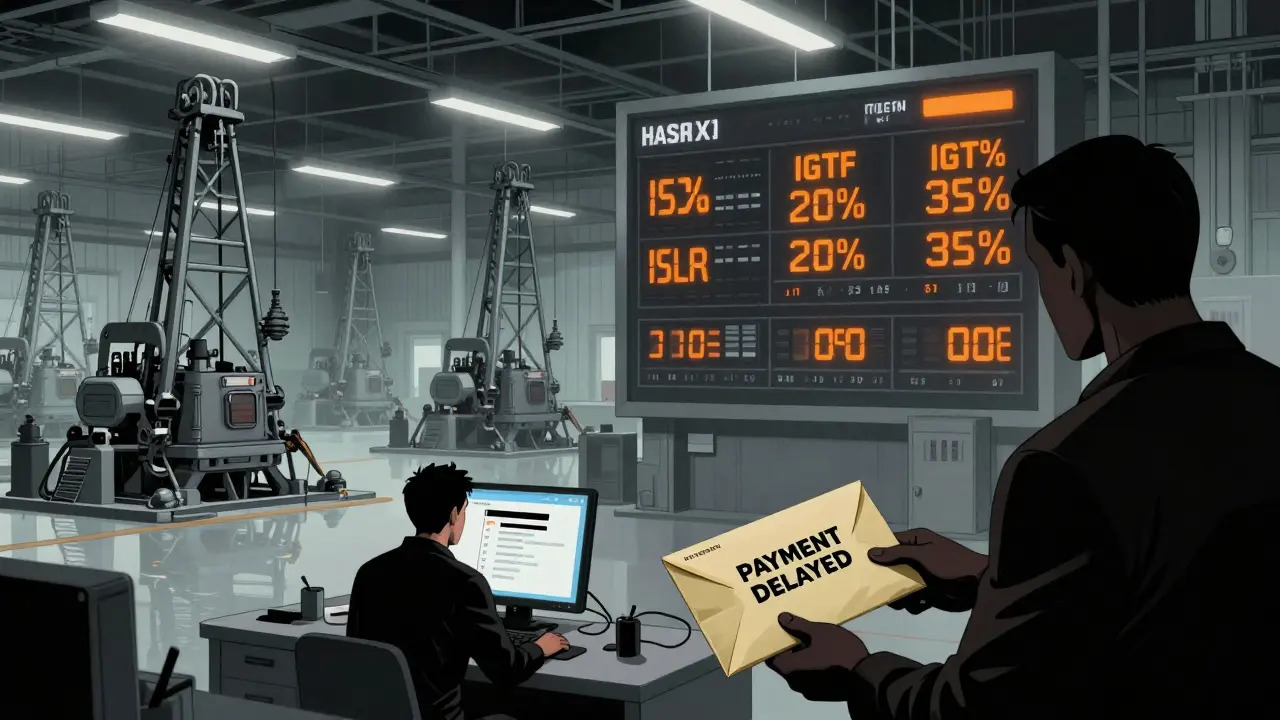 A corporate mining facility displays real-time tax rates and audit countdowns under fluorescent lights, with a worker facing a delayed payment notice.