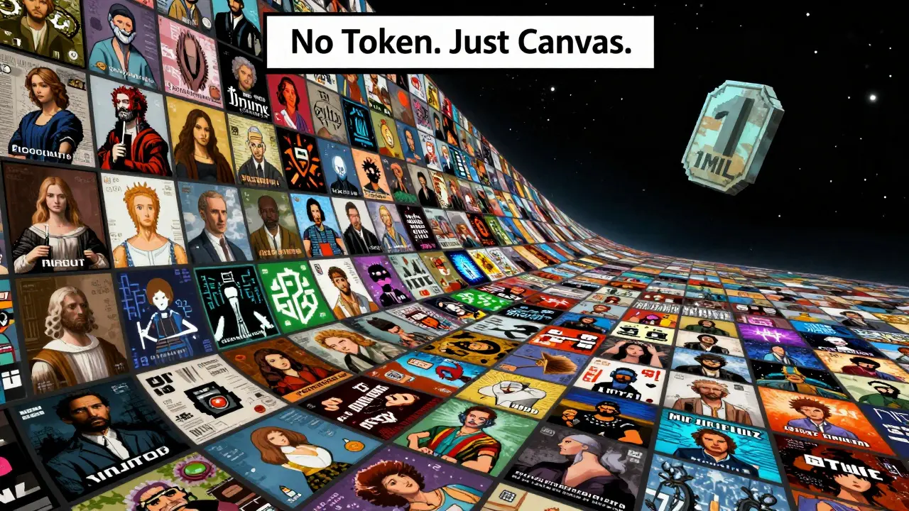 A cosmic digital art gallery of 1 million pixel NFTs, with a faded 1MIL token drifting uselessly among vibrant creative expressions.