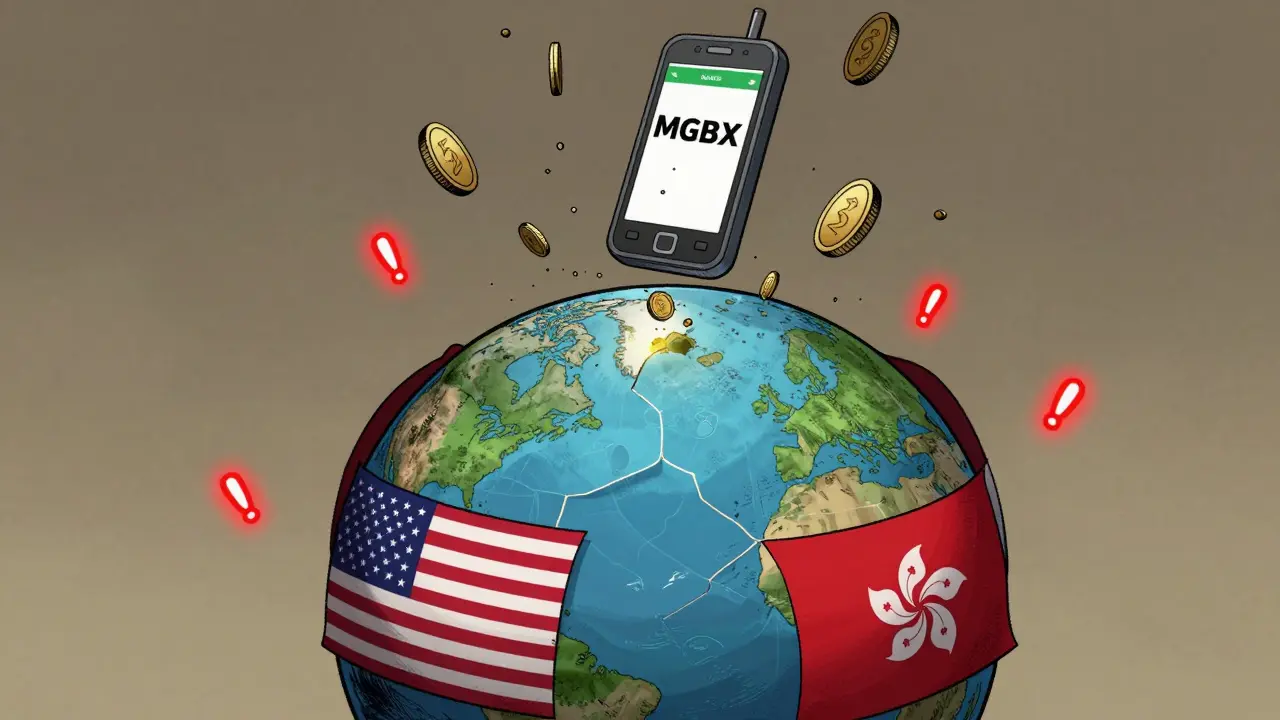 A cracked globe with MGBX as a small island, blocked regions around it, and a mobile app floating above raining coins.