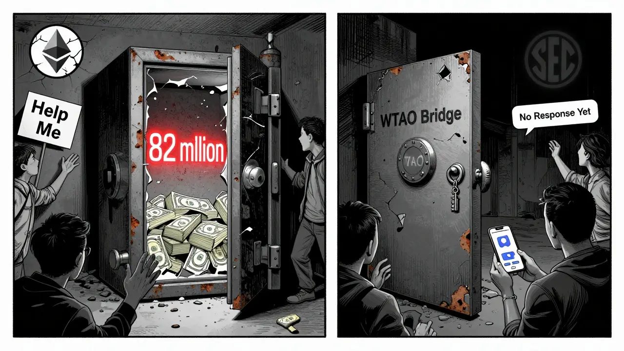A crumbling safe labeled 'WTAO Bridge' with one key, users reaching out, and a shadowy SEC badge looming nearby.