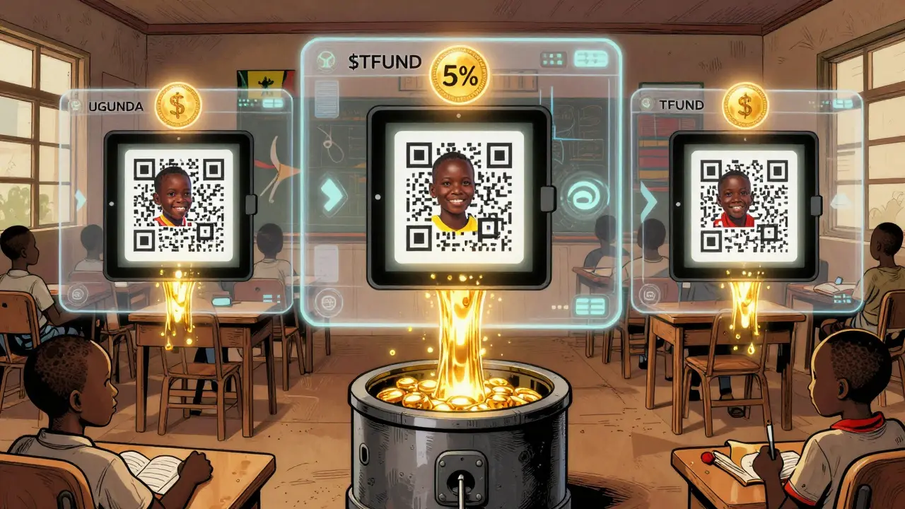 A digital dashboard shows tablets being delivered to schools across Uganda, Kenya, and Ghana, with $TFUND token glowing above.