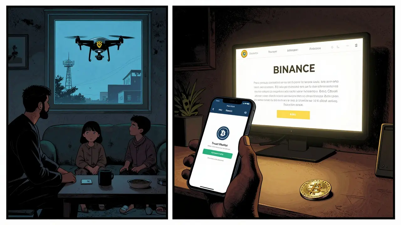 A family views a frozen crypto account on screen while a discarded government stablecoin lies on the table.