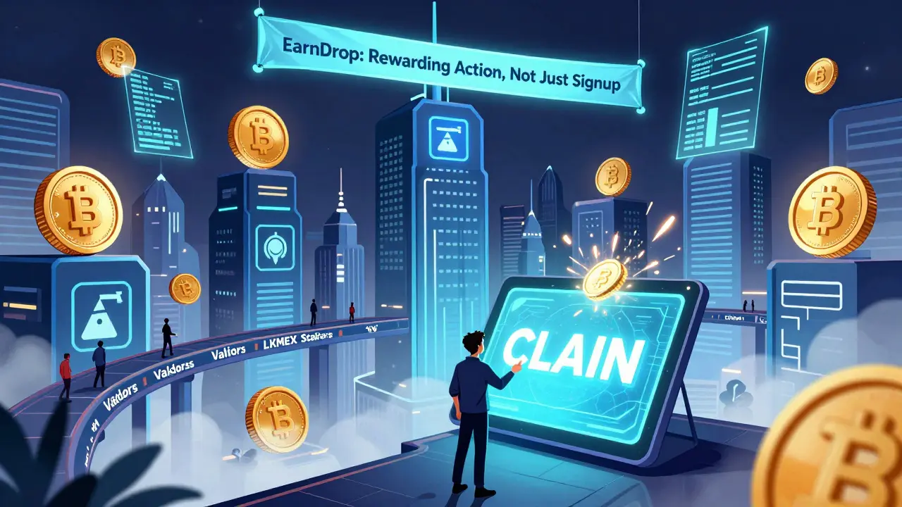 A futuristic city made of blockchain elements where citizens stake tokens, and a user clicks a giant 'CLAIM' button to activate rewards.