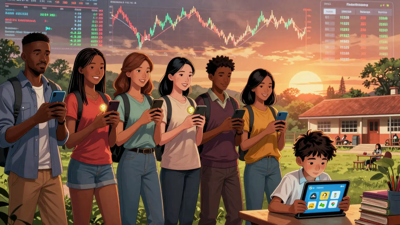 A global community connects through crypto to deliver a tablet to a child in an African village, blending market chaos with hope.