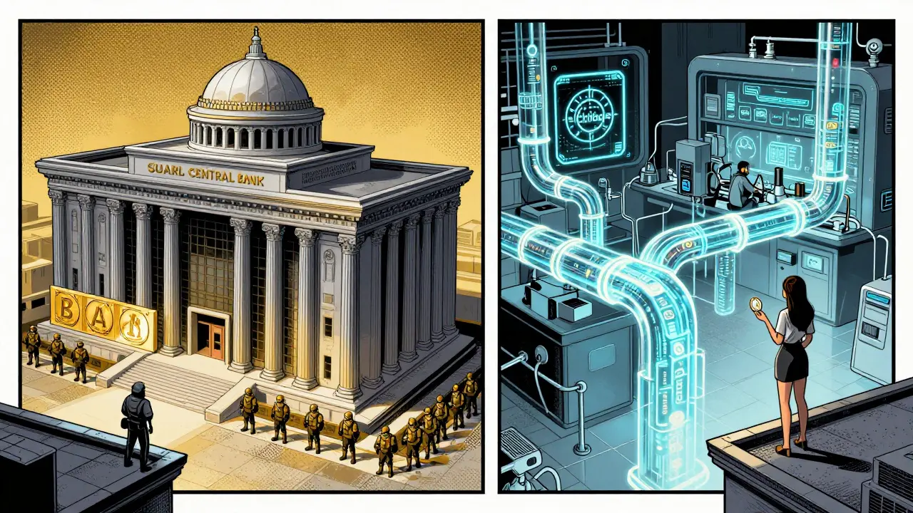 A government building splits into two: one blocks crypto, the other builds a digital currency, as a woman watches from above.