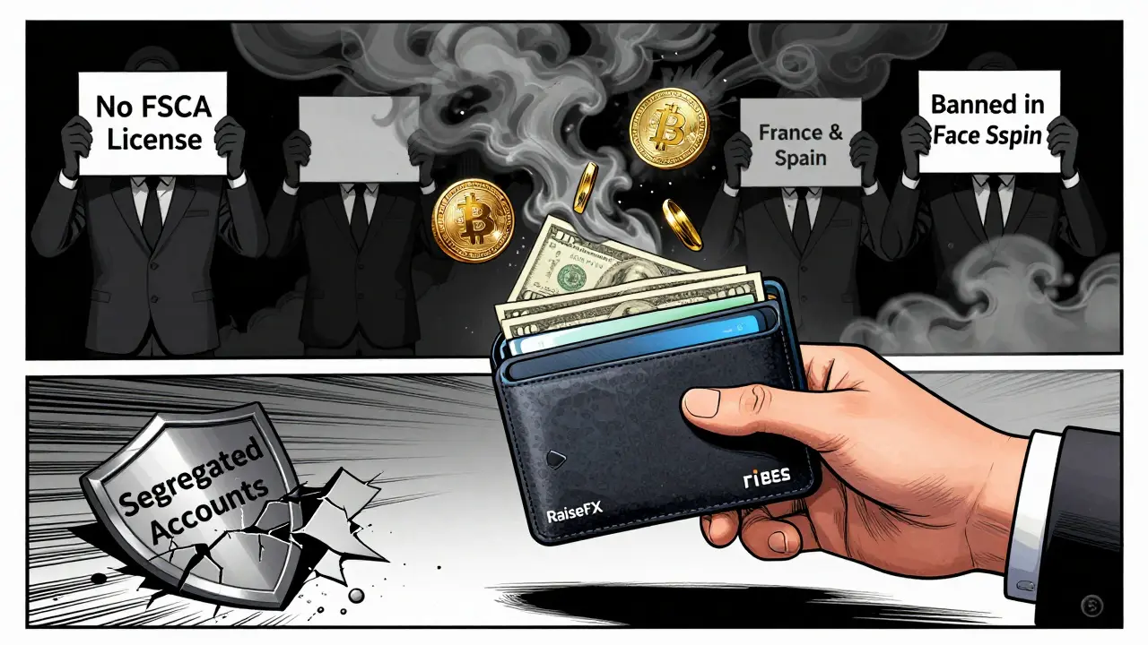 A hand deposits money into RaiseFX as crypto turns to ash, shadowy figures hold 'Banned' signs, broken shield labeled 'Segregated Accounts' on floor.