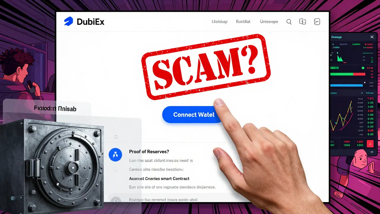 A hand hesitating over a 'Connect Wallet' button on a blank webpage, with hidden scam indicators glowing around it, contrasted with a lively Uniswap interface.