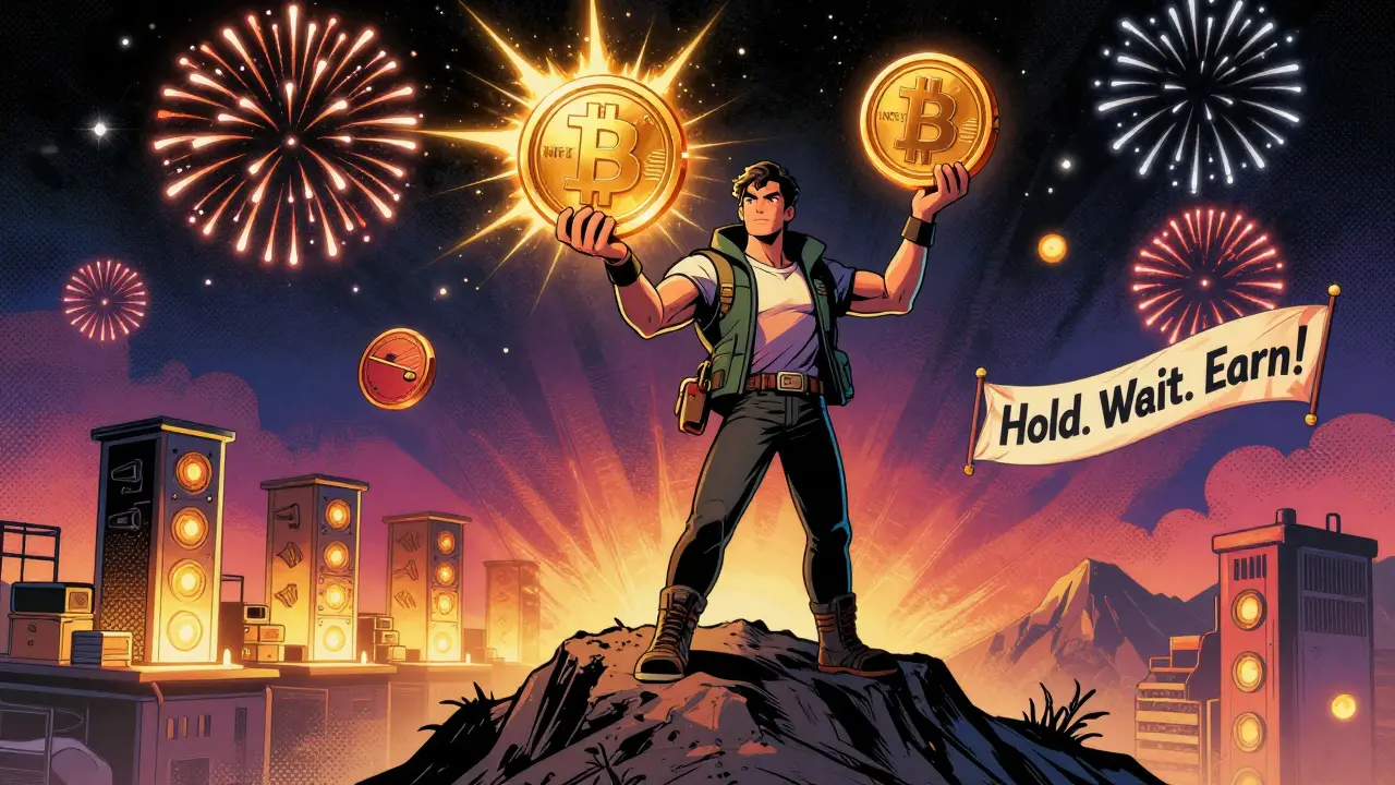 A hero holds two tokens as Bitcoin price milestones burst like fireworks in a comic book-style sky.