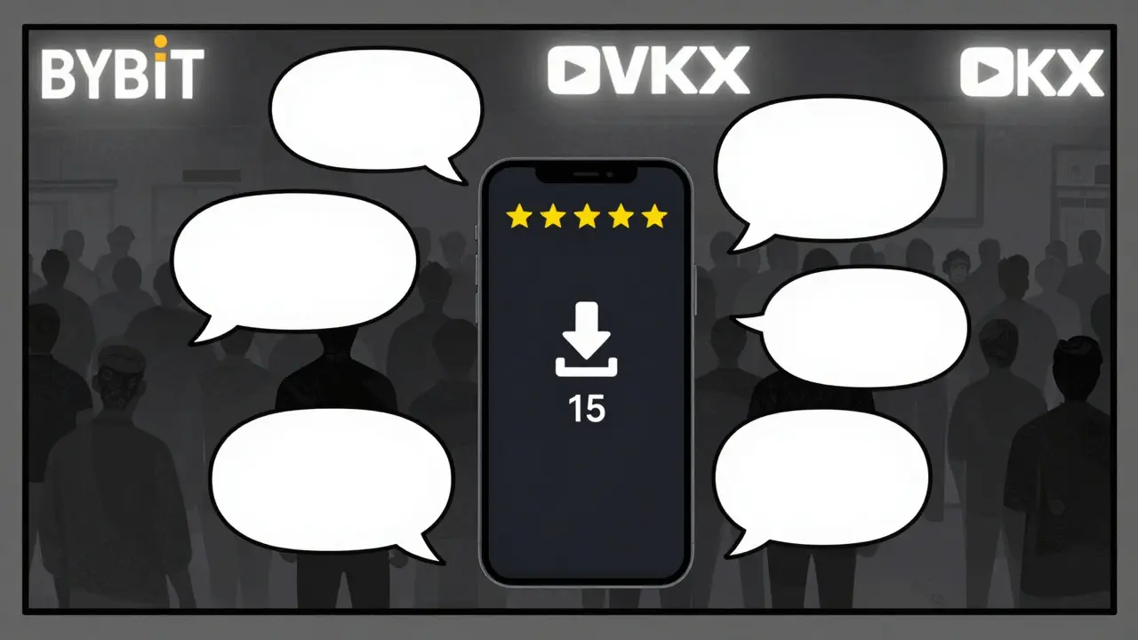 A lone 2.5-star app rating with only 15 downloads, surrounded by silence, while competing exchanges thrive in the background.