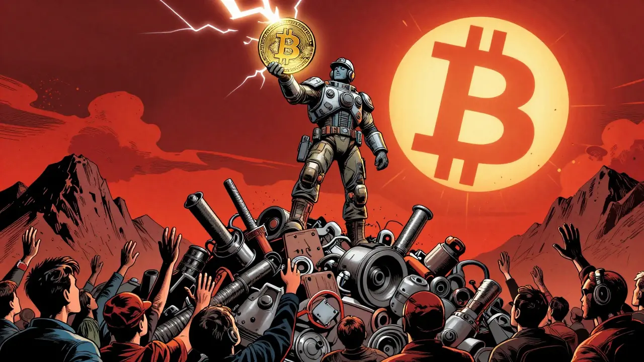 A miner holding a splitting Bitcoin reward coin as investors reach up, with a giant Bitcoin symbol in the sky like a sun.