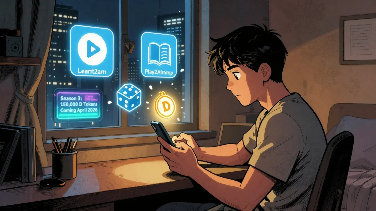 A player at night watches a glowing D token hover above their phone, surrounded by quest icons and a city skyline with Season 3 billboard.