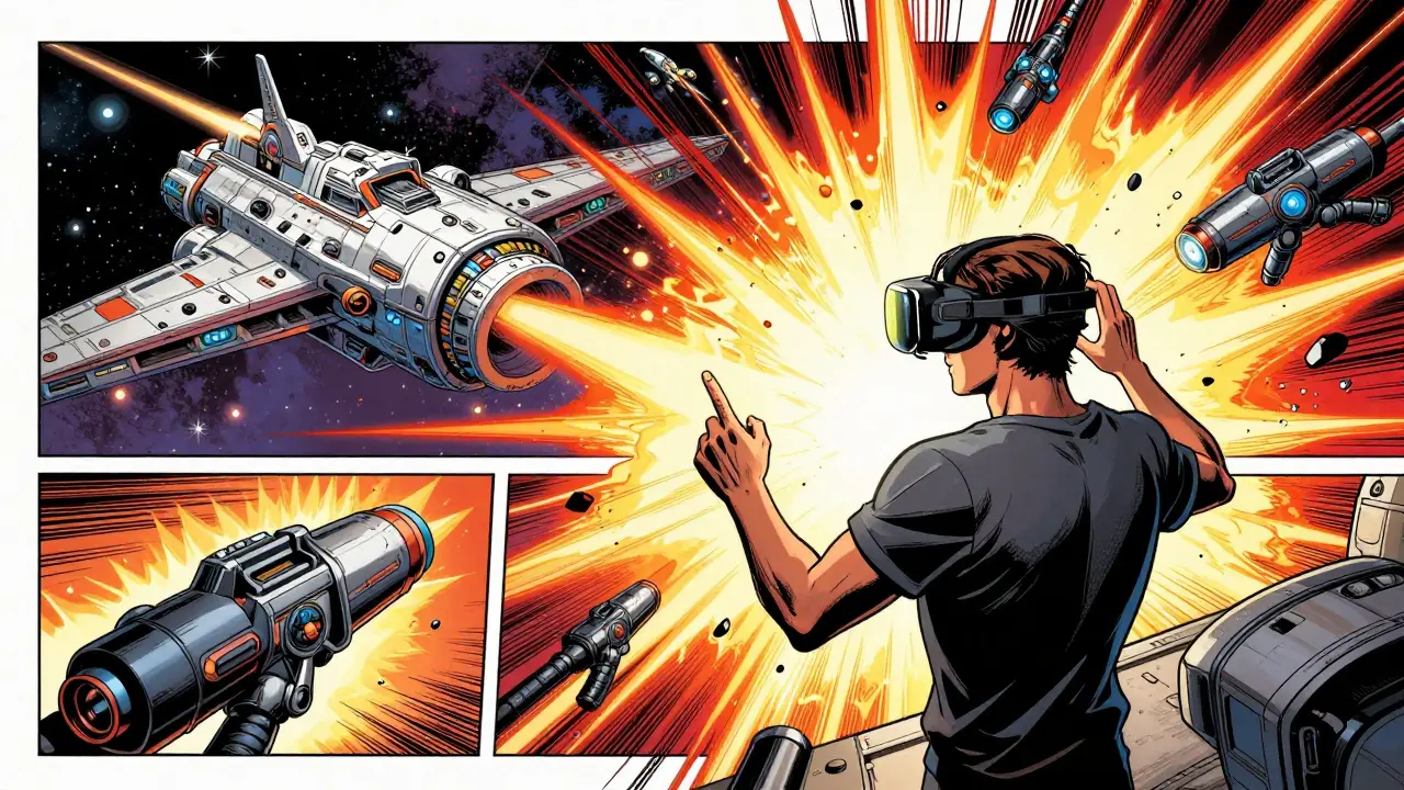 A player in VR headset explores their massive NFT spaceship, surrounded by 3D battle debris and glowing weapon upgrades.