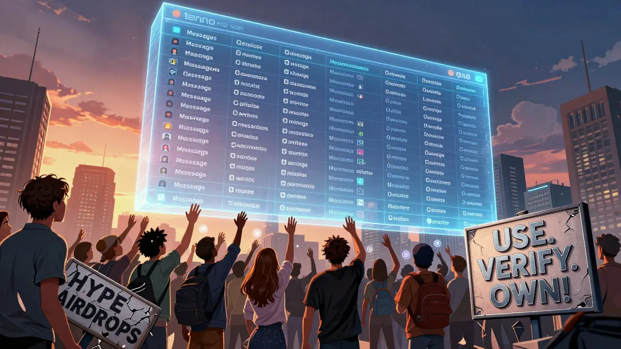 A transparent digital ledger above a city, with people reaching for tokens as fake airdrop signs crumble.