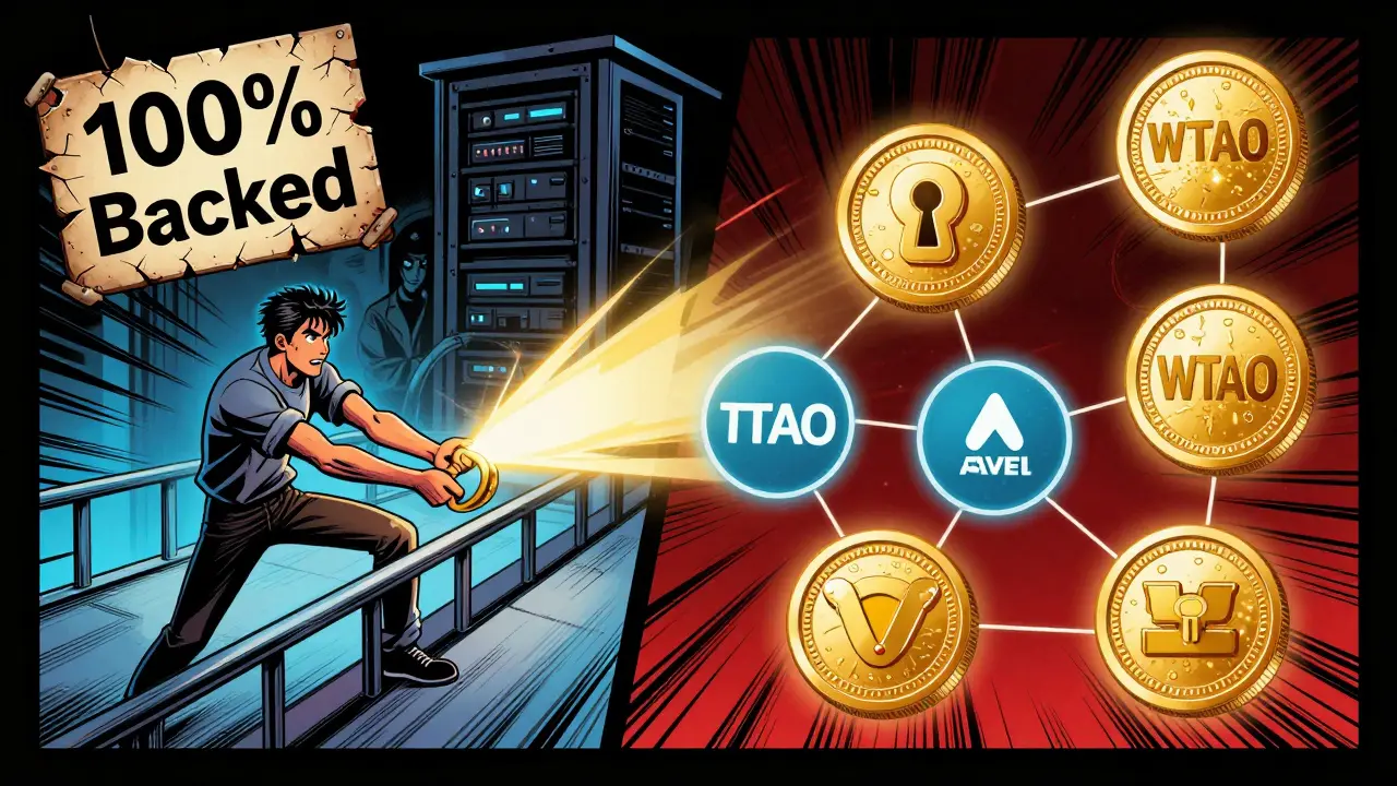 A user’s WTAO token used in DeFi apps like Aave and Uniswap, while a lone keyhole hints at centralization risk.