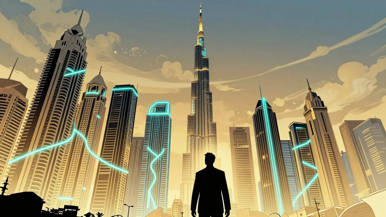 A vibrant futuristic city skyline connected by glowing blockchain network lines.