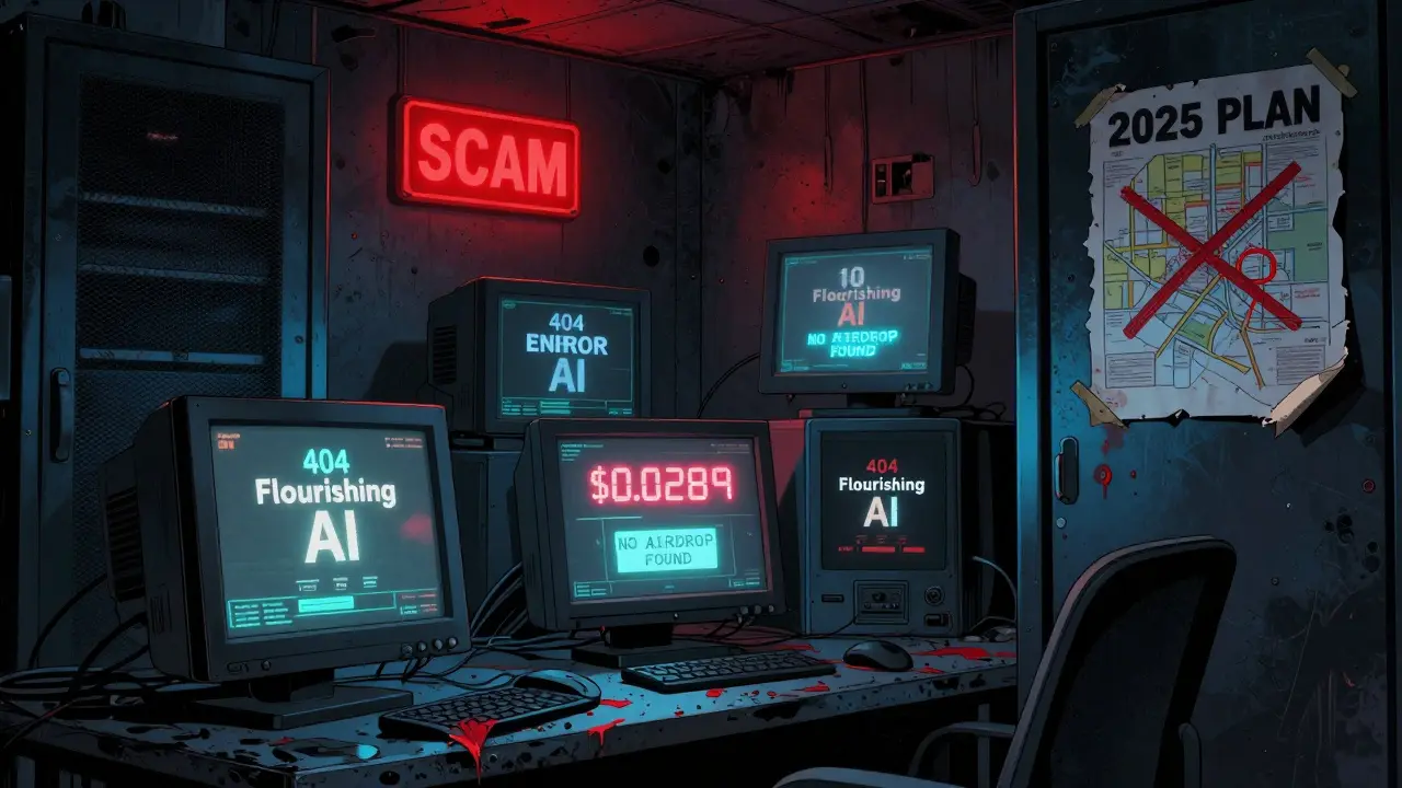 An abandoned server room with flickering 'Flourishing AI' screens showing low prices and error messages, a glowing 'SCAM' warning sign.