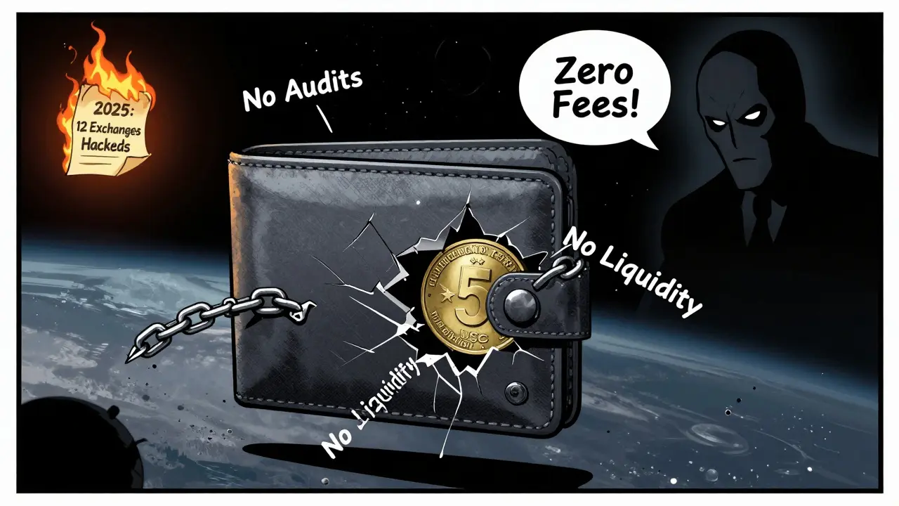 An empty digital wallet with broken chains labeled 'No Audits' and 'No Liquidity', surrounded by ominous shadows and a burning ledger from 2025 exchange hacks.