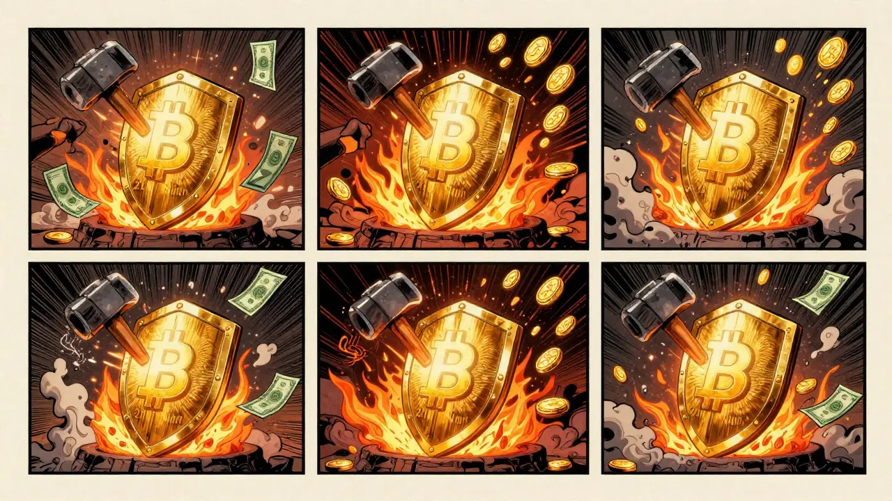 Bitcoin being forged as a golden shield with four hammer strikes representing halvings, dollar bills turning to ash as digital gold rises.
