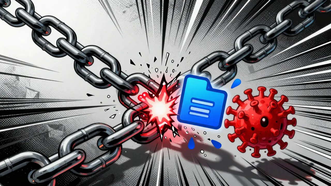 Broken chain link leaking red light with merging data streams in graphic novel art.