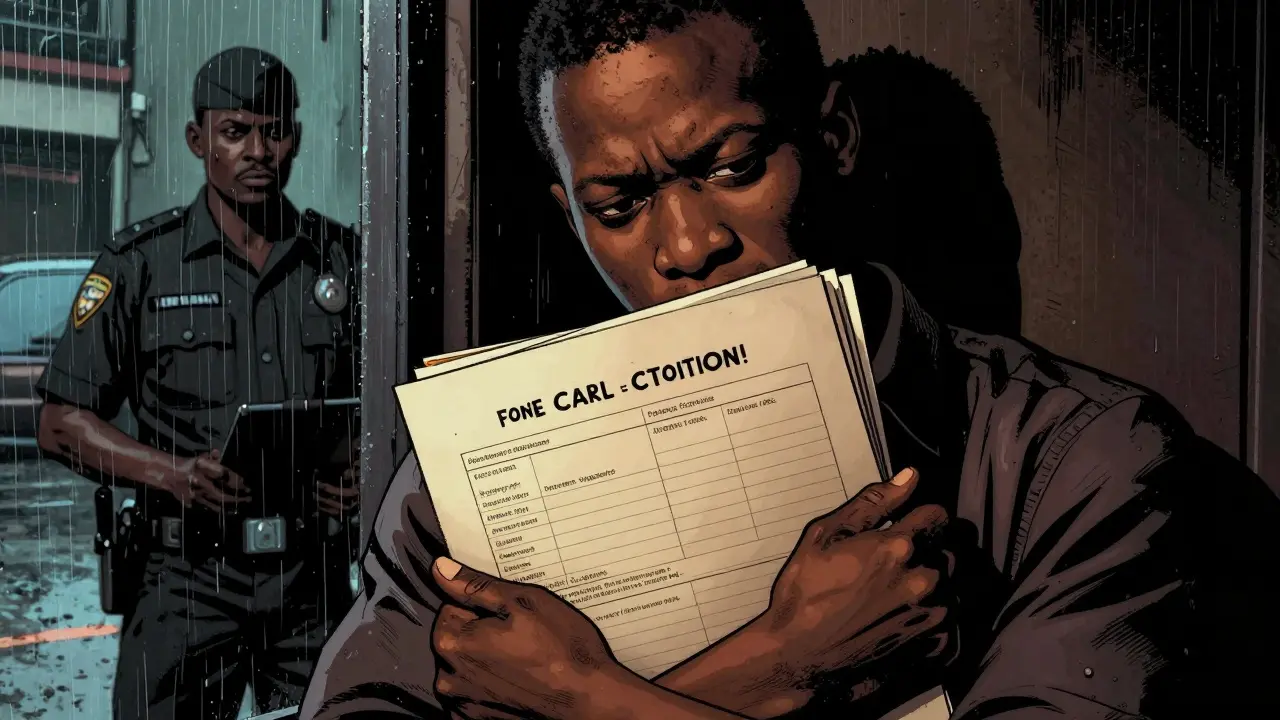 Citizen holding compliance records with officer in background