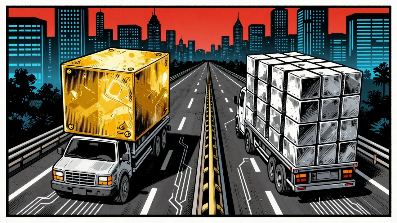 Comic illustration of trucks with different loads using same road space