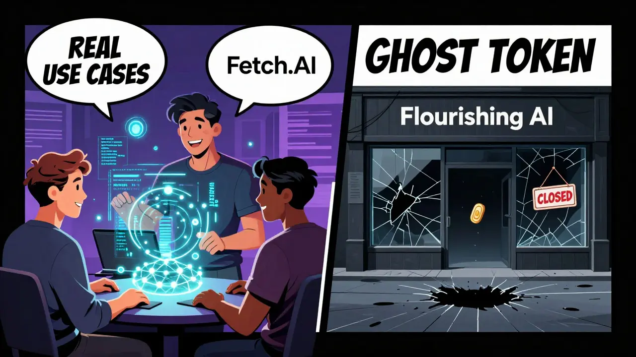Contrasting panels: active AI projects with developers vs. an empty 'Flourishing AI' storefront with a 'CLOSED' sign and token sinking into darkness.