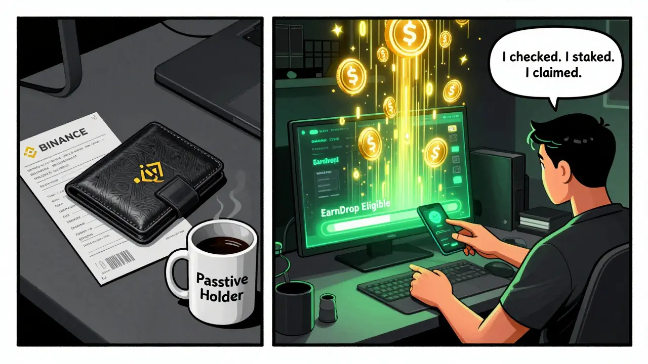 Contrasting scenes: one showing inactive crypto holdings, the other showing active staking with token rewards flowing in.