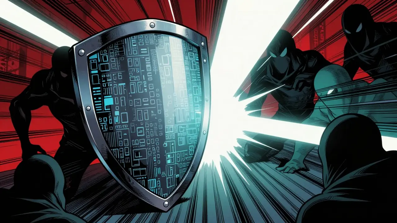 Digital shield protecting finance from shadowy scam figures in abstract space.