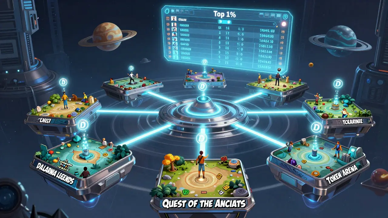 Floating game worlds connected by glowing D token streams, with a giant leaderboard in the sky above a futuristic game hub.