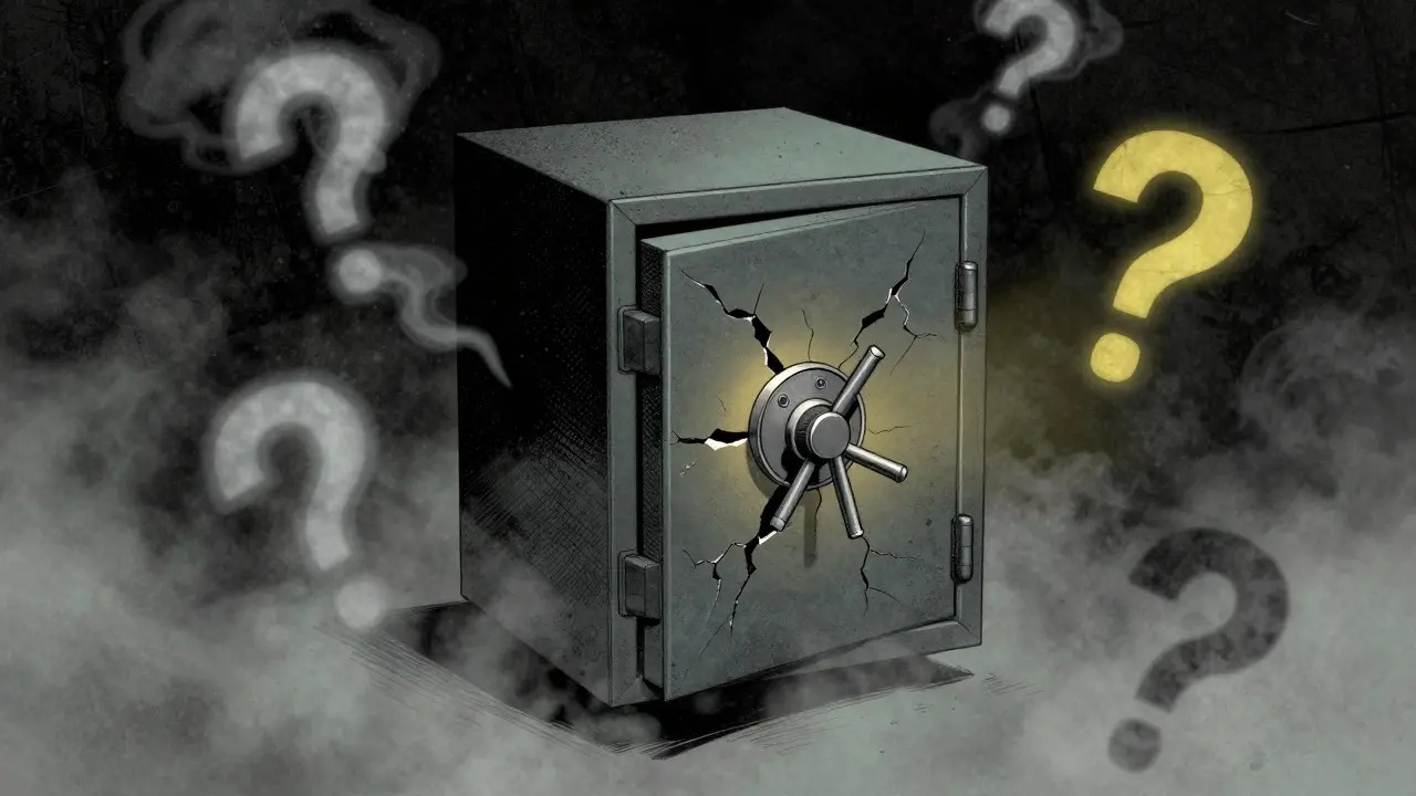 Glowing safe box hovering in mist with cracks appearing and question marks floating nearby