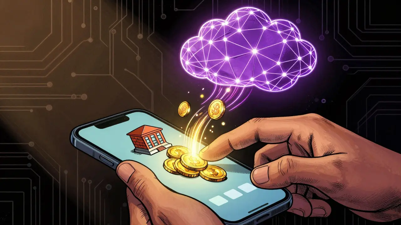 Hands holding phone transferring digital coins from bank vault to cloud network.