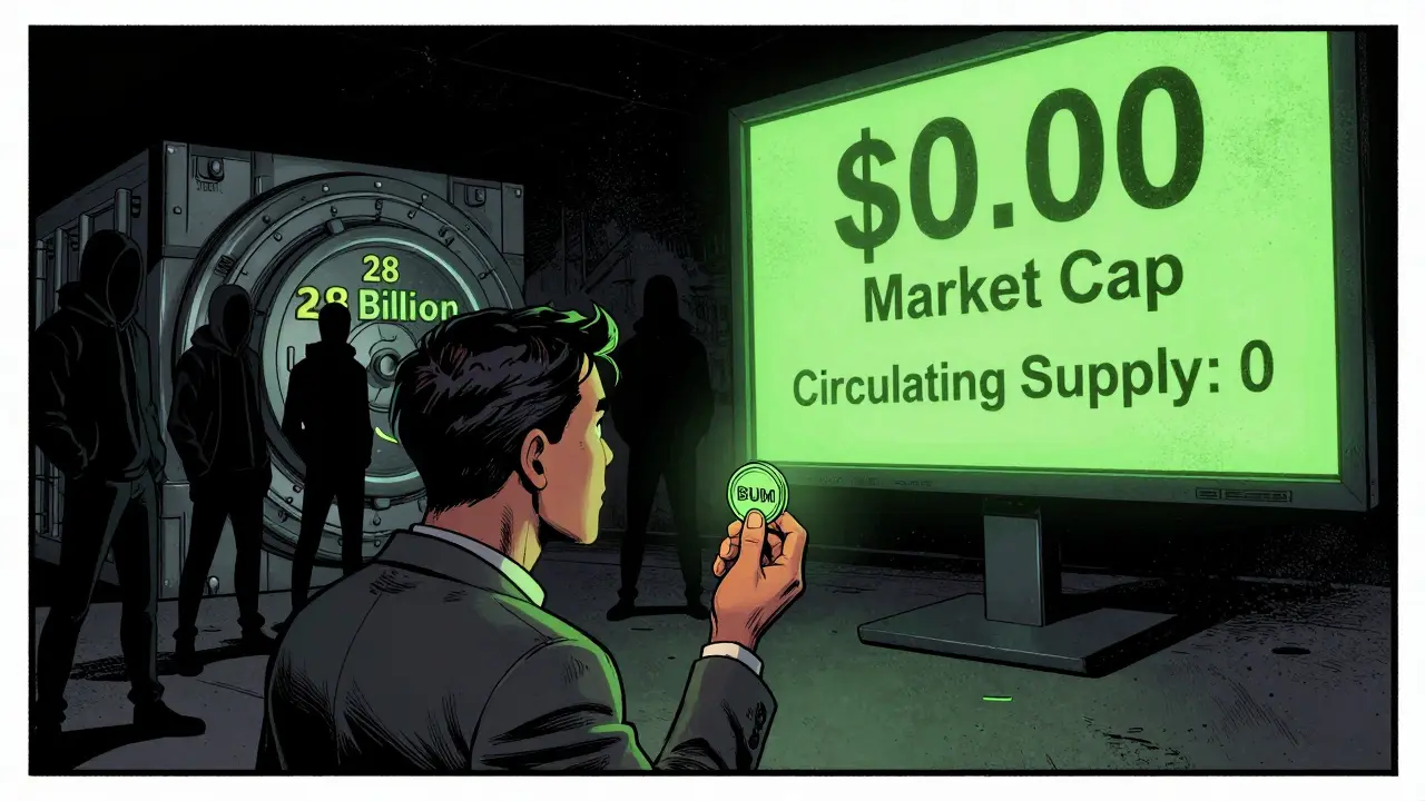 Investor staring at a '<h2>What can you do with BUM?</h2>.00 Market Cap' screen while shadowy figures guard a vault labeled '28 Billion Locked'.