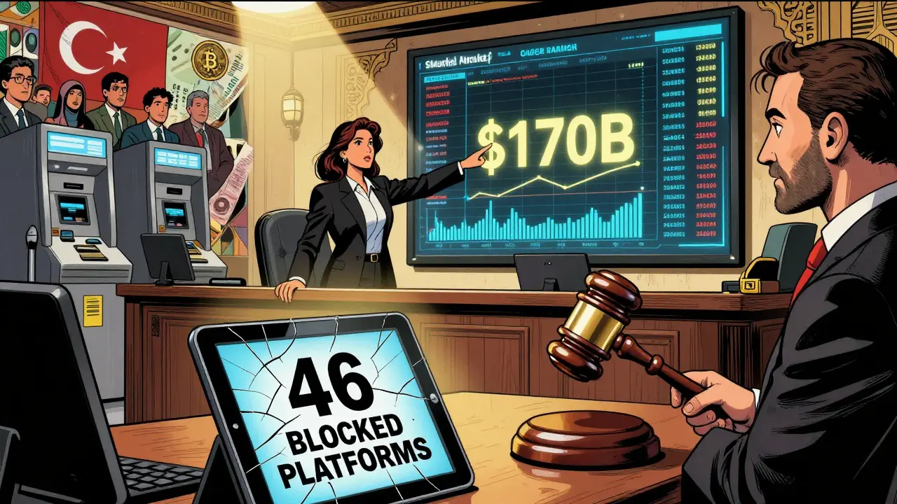 Lawyer argues in court against Turkey's crypto payment ban, with a 0B market chart and blocked platforms in the background.