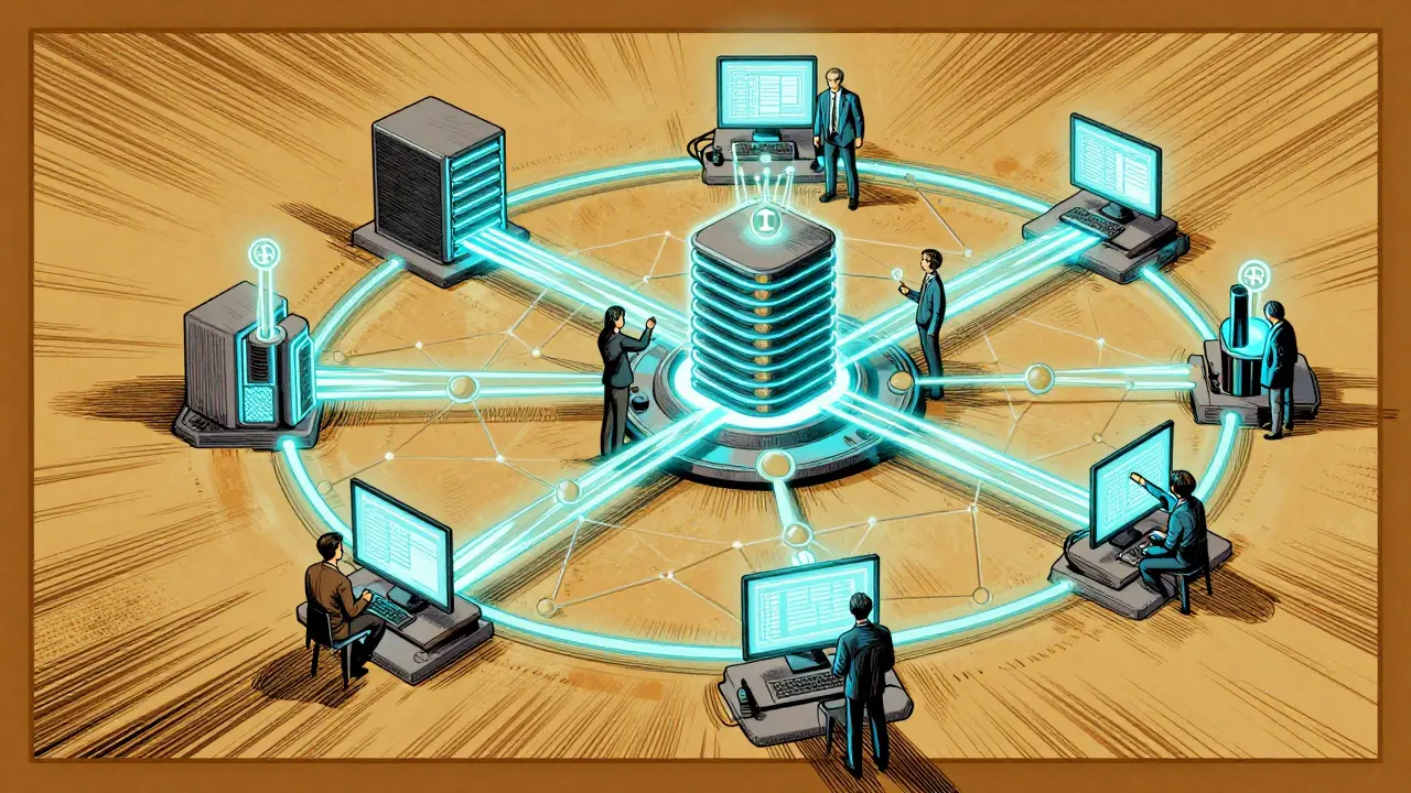 Networked blockchain nodes connected by glowing data streams