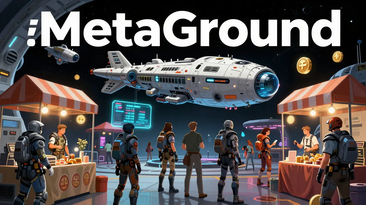 Players trade NFT spaceships in a vibrant zero-gravity spaceport hub filled with holograms and floating token symbols.