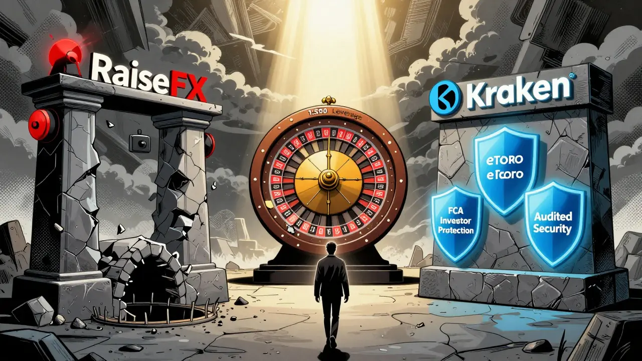 RaiseFX platform crumbling with sirens and trapdoor, contrasted with three secure exchanges on solid ground as trader walks toward safety.