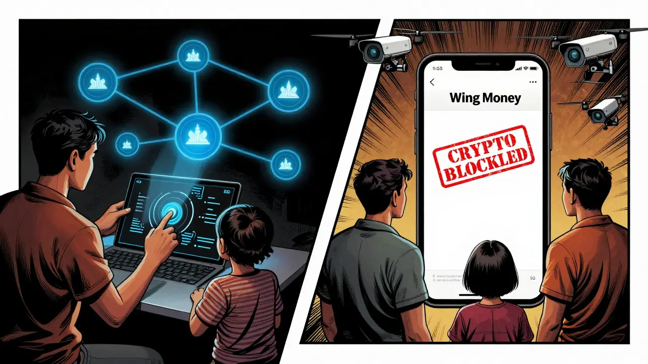 Split scene: a family using Bakong's efficient digital system on one side, while their bank app displays a crypto block warning on the other.