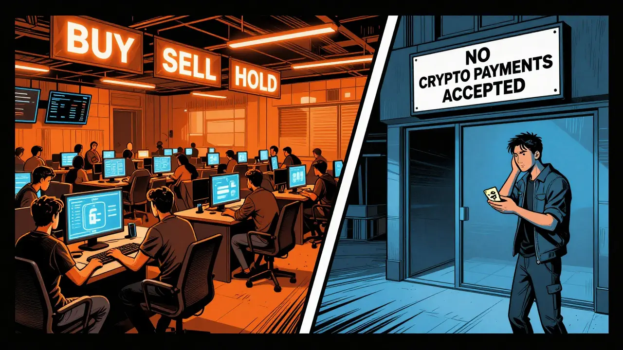Split scene: crowded crypto trading floor on one side, empty store with 'No Crypto Payments' sign on the other.