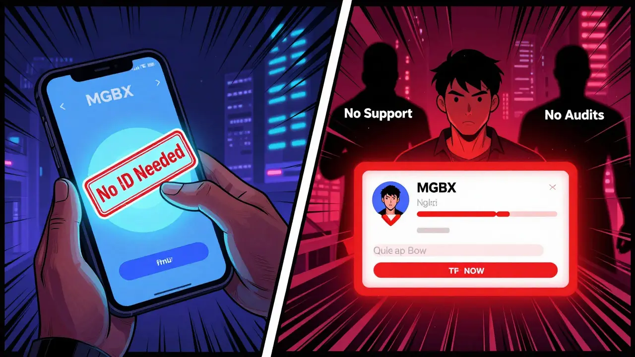 Split scene: one side shows easy crypto deposit with 'No KYC', the other shows account liquidation with ominous shadows.