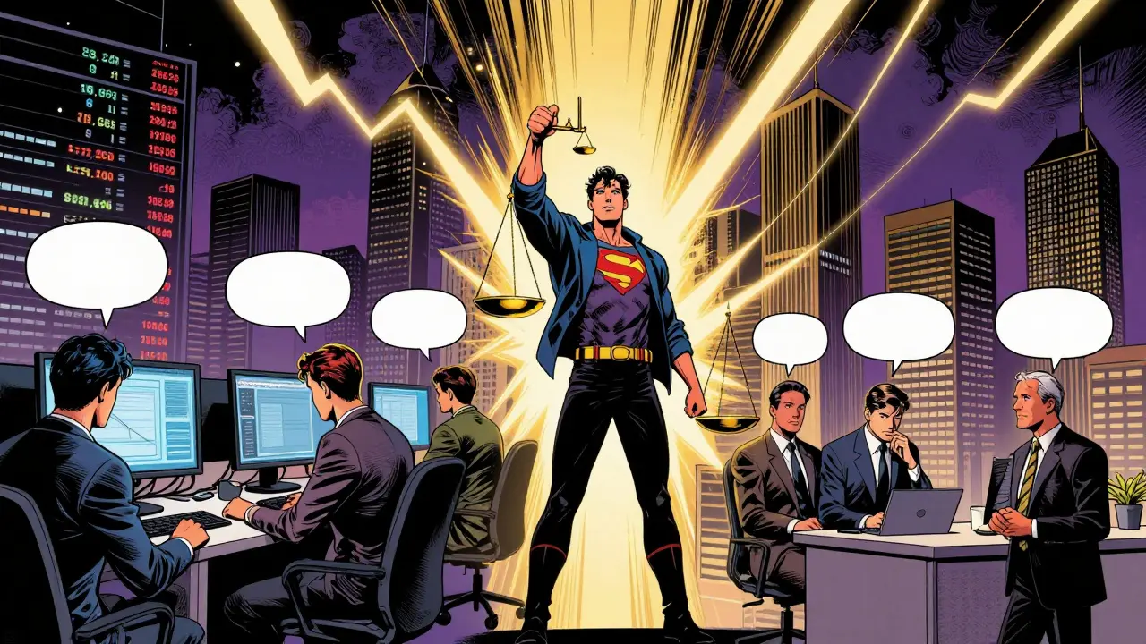 Traders and corporations bridged by balanced scale amid city skyline